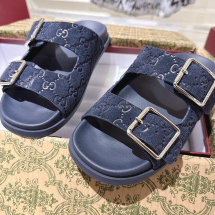 SANDALS IN NAVY BLUE SUEDE EMBOSSED LOGO SILVER HARDWARE