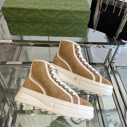 GG HIGH TOP SNEAKER IN CAMEL BROWN CANVAS WITH BEIGE FLEECE LINING