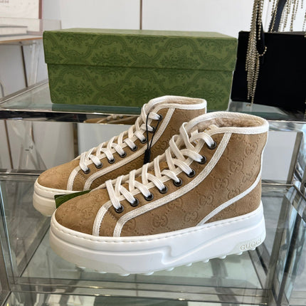 GG HIGH TOP SNEAKER IN CAMEL BROWN CANVAS WITH BEIGE FLEECE LINING