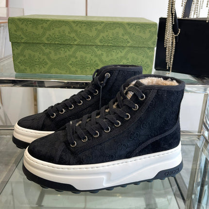 GG HIGH TOP SNEAKER IN BLACK CANVAS WITH BEIGE FLEECE LINING