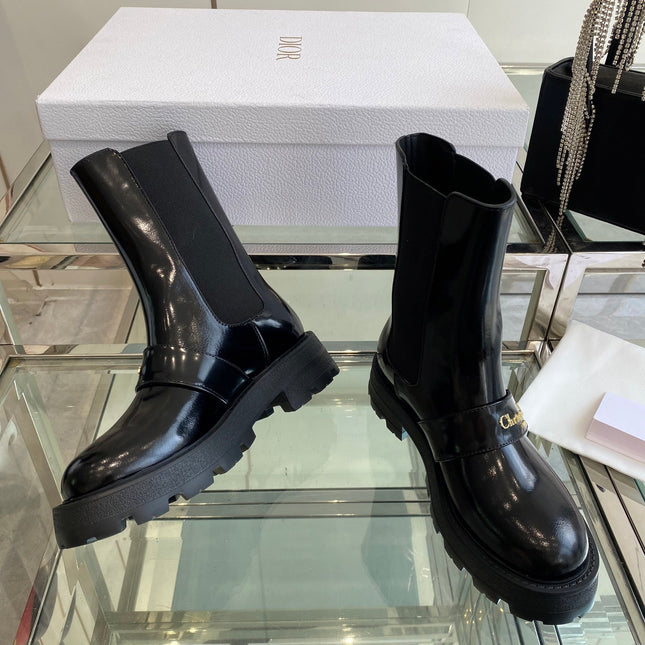 DIOR 25S D-QUEST ANKLE BOOT 35MM IN BLACK GLOSSY CALFSKIN GOLD HARDWARE