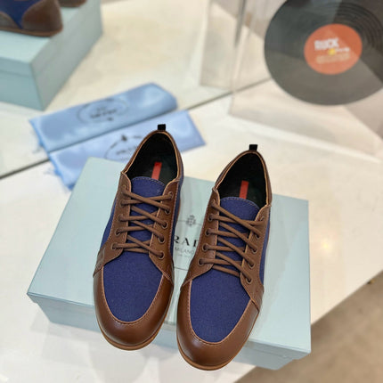 SNEAKERS IN BROWN LAMBSKIN AND NAVY BLUE CANVAS