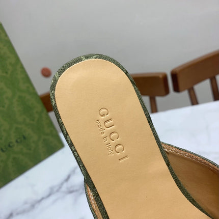 GG MULES IN MOSS GREEN FABRIC GOLD HARD WARE