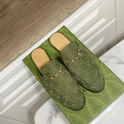 GG MULES IN MOSS GREEN FABRIC GOLD HARD WARE