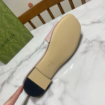 GG SLIDES IN PASTEL PINK CALFSKIN LOGO-EMBOSSED STRAP