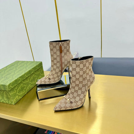 GG HORSEBIT ANKLE BOOT IN TAN BEIGE MONOGRAM CANVAS