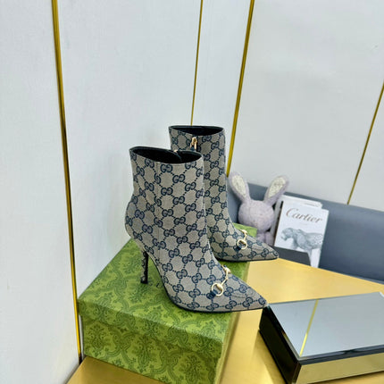 GG HORSEBIT ANKLE BOOT IN PALE GRAY MONOGRAM CANVAS