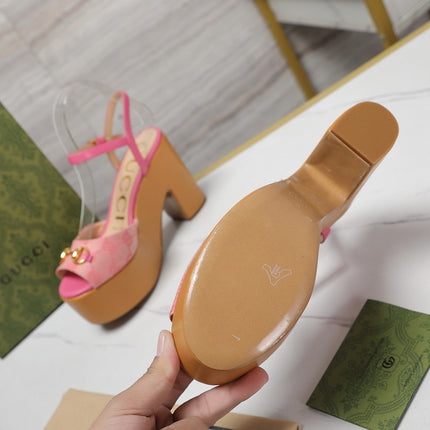 GG HORSEBIT WEDGE SANDAL IN PINK MONOGRAM JACQUARD FABRIC AND SHEEPSKIN LINING