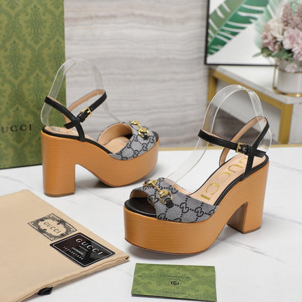 GG HORSEBIT WEDGE SANDAL IN BLACK MONOGRAM JACQUARD FABRIC AND SHEEPSKIN LINING