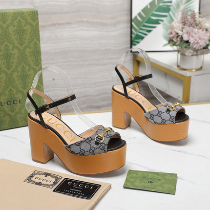 GG HORSEBIT WEDGE SANDAL IN BLACK MONOGRAM JACQUARD FABRIC AND SHEEPSKIN LINING