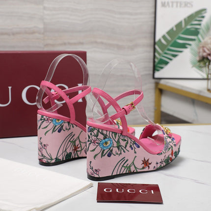 GG WEDGE HEEL SANDALS 100 IN PINK FABRIC FLORAL PRINT