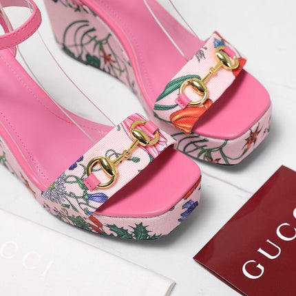 GG WEDGE HEEL SANDALS 100 IN PINK FABRIC FLORAL PRINT