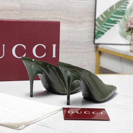 GG HEELED MULES 105 IN ARMY GREEN CALFSKIN