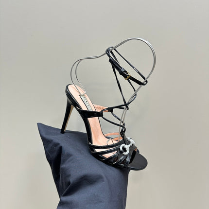CRYSTAL HORSEBIT STRAPPY SANDAL 10.5CM IN BLACK PATENT LEATHER