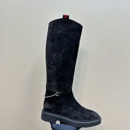 SLIM HORSEBIT KNEE BOOTS WITH WEB IN BLACK SUEDE