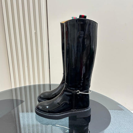 SLIM HORSEBIT KNEE BOOTS WITH WEB IN BLACK GLOSSY CALFSKIN