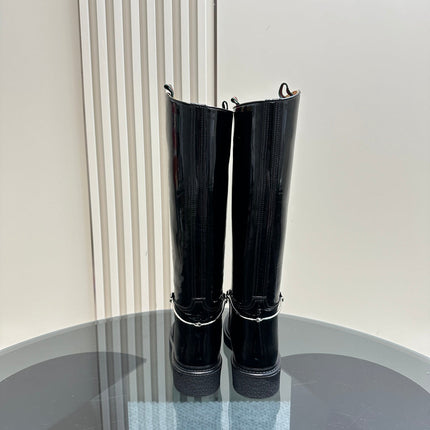 SLIM HORSEBIT KNEE BOOTS WITH WEB IN BLACK GLOSSY CALFSKIN