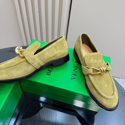 ASTAIRE LOAFER IN OLIVE GREEN SUEDE WITH GOLD HARDWARE