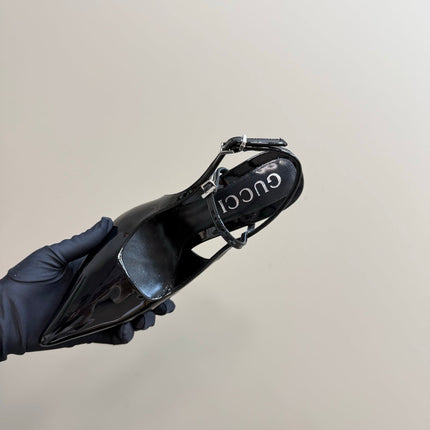 POINTED-TOE HIGH BAMBOO-EFFECT HEEL SLINGBACK IN BLACK PATENT CALFSKIN