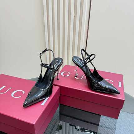 POINTED-TOE HIGH BAMBOO-EFFECT HEEL SLINGBACK IN BLACK PATENT CALFSKIN