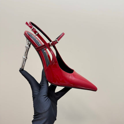 POINTED-TOE HIGH BAMBOO-EFFECT HEEL SLINGBACK IN RED PATENT CALFSKIN