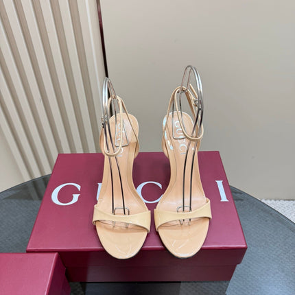 STRAP HIGH BAMBOO-EFFECT HEEL SANDAL IN BEIGE PATENT CALFSKIN