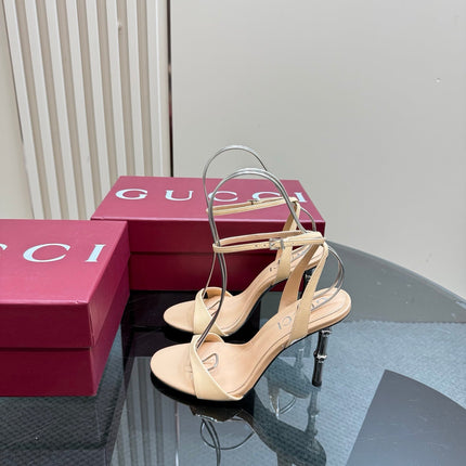 STRAP HIGH BAMBOO-EFFECT HEEL SANDAL IN BEIGE PATENT CALFSKIN