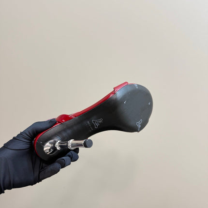 STRAP HIGH BAMBOO-EFFECT HEEL SANDAL IN RED PATENT CALFSKIN