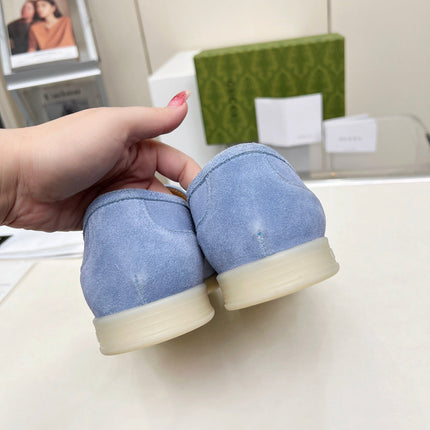 LOAFERS WITH SILVER HARDWARE IN CORNFLOWER BLUE SUEDE