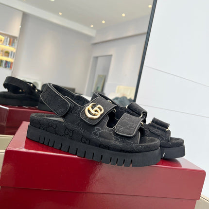 VELCRO STRAP SANDALS IN BLACK MONOGRAM CANVAS GOLD HARDWARE