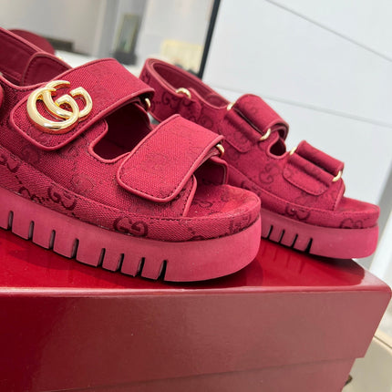 VELCRO STRAP SANDALS IN BRICK RED MONOGRAM CANVAS GOLD HARDWARE