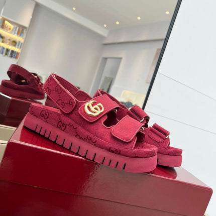 VELCRO STRAP SANDALS IN BRICK RED MONOGRAM CANVAS GOLD HARDWARE
