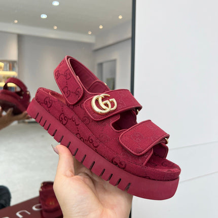 VELCRO STRAP SANDALS IN BRICK RED MONOGRAM CANVAS GOLD HARDWARE