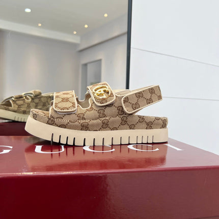 VELCRO STRAP SANDALS IN BEIGE AND DARK BROWN MONOGRAM CANVAS GOLD HARDWARE