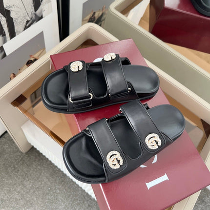 DOUBLE G CRYSTAL FLAT SANDALS IN BLACK SOFT LAMBSKIN