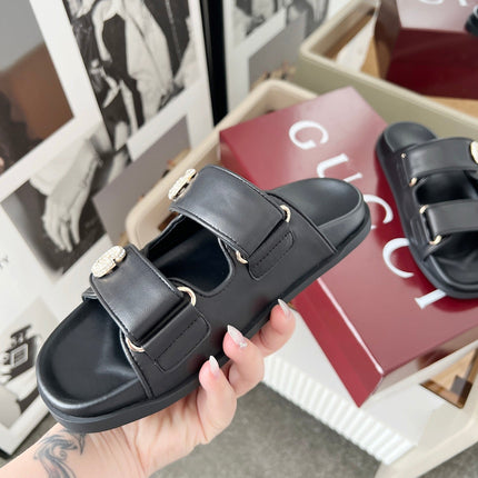 DOUBLE G CRYSTAL FLAT SANDALS IN BLACK SOFT LAMBSKIN