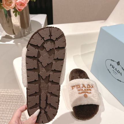 PRADA 25S FLAT MULES IN WHITE AND DARK BROWN RABBIT FUR