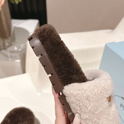 PRADA 25S FLAT MULES IN WHITE AND DARK BROWN RABBIT FUR