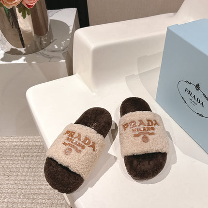 PRADA 25S FLAT MULES IN CREAM AND DARK BROWN RABBIT FUR