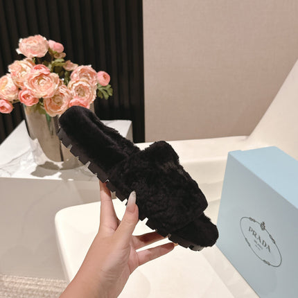 PRADA 25S FLAT MULES IN BLACK RABBIT FUR