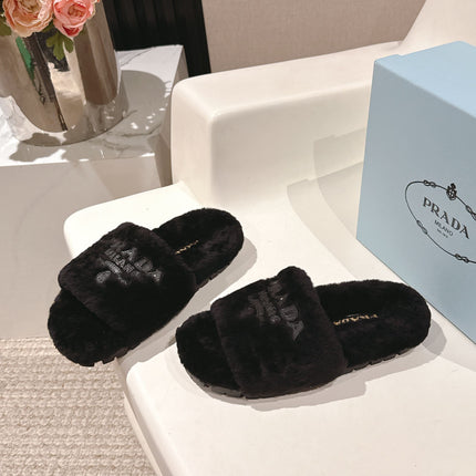 PRADA 25S FLAT MULES IN BLACK RABBIT FUR