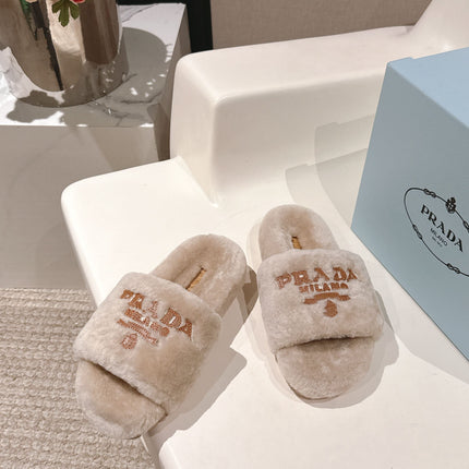 PRADA 25S FLAT MULES IN WARM TAUPE RABBIT FUR