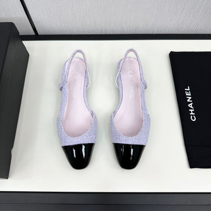 SLINGBACK LIGHT BLUE TWEED AND BLACK CALFSKIN