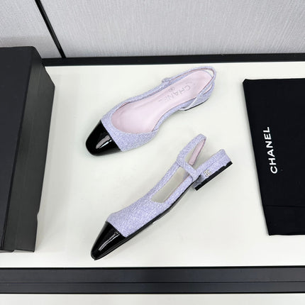 SLINGBACK LIGHT BLUE TWEED AND BLACK CALFSKIN