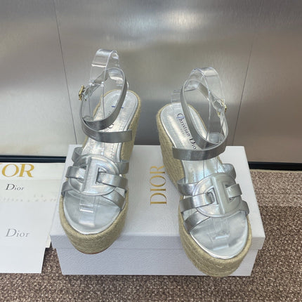 D-CLUB 25S HIGH HEEL WEDGE 100MM IN SILVER GLOSSY CALFSKIN RAFFIA SOLE