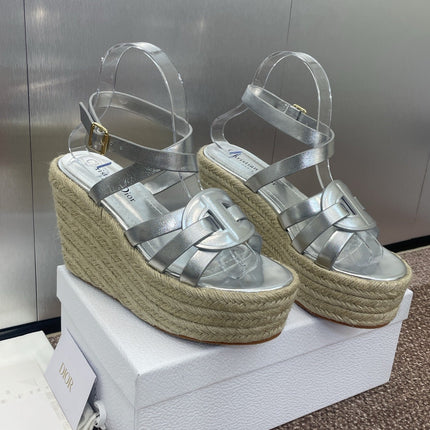 D-CLUB 25S HIGH HEEL WEDGE 100MM IN SILVER GLOSSY CALFSKIN RAFFIA SOLE