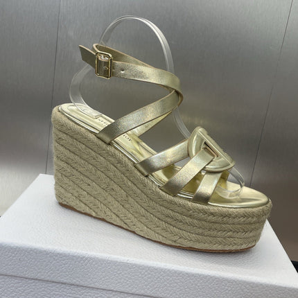 D-CLUB 25S HIGH HEEL WEDGE 100MM IN GOLD GLOSSY CALFSKIN RAFFIA SOLE