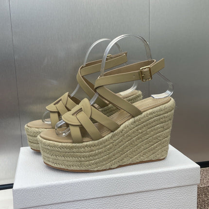 D-CLUB 25S HIGH HEEL WEDGE 100MM IN GOLDEN BEIGE CALFSKIN RAFFIA SOLE