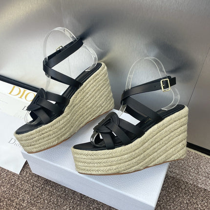 D-CLUB 25S HIGH HEEL WEDGE 100MM IN BLACK CALFSKIN RAFFIA SOLE