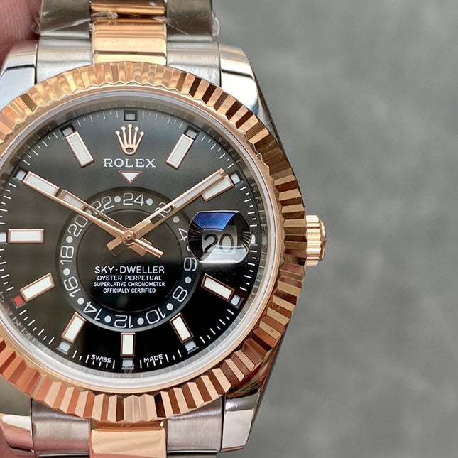 SKY-DWELLER TWO-TONE 42 ROSE GOLD BEZEL BLACK DIAL